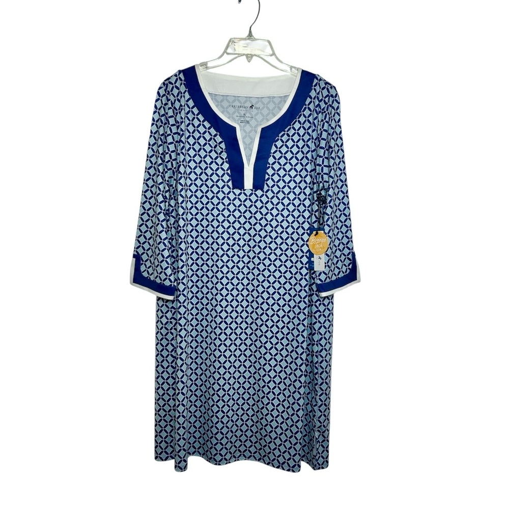 Caribbean Joe Stretch Blue White Geometric V-neck Resort BeachTunic Dress XL